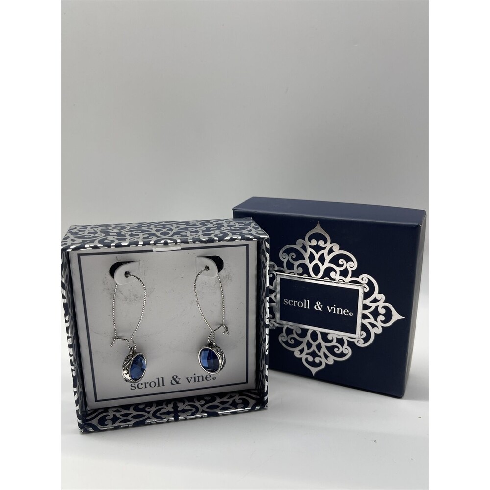 Scroll & Vine Silver Tone & Faceted Round Blue Stone Drop Earrings New